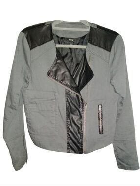 Apt 9 Zip Moto Jacket Grey Black Faux Leather Trim Cropped Asymmetrical Zipper S